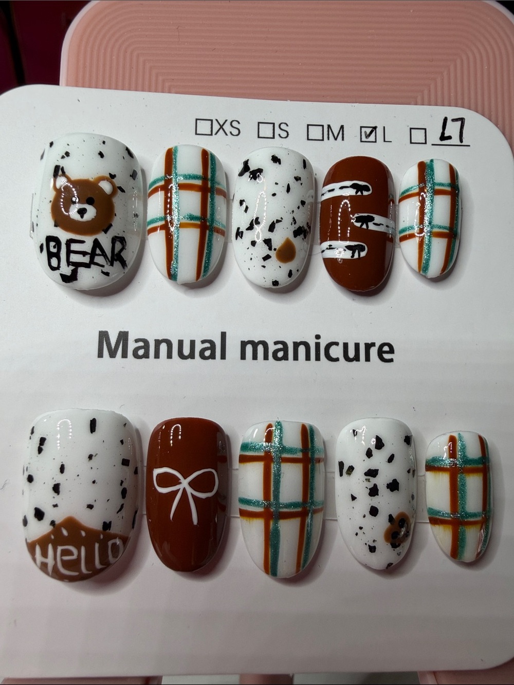 Whimsical Brown & White Bear Plaid Press-On Nails